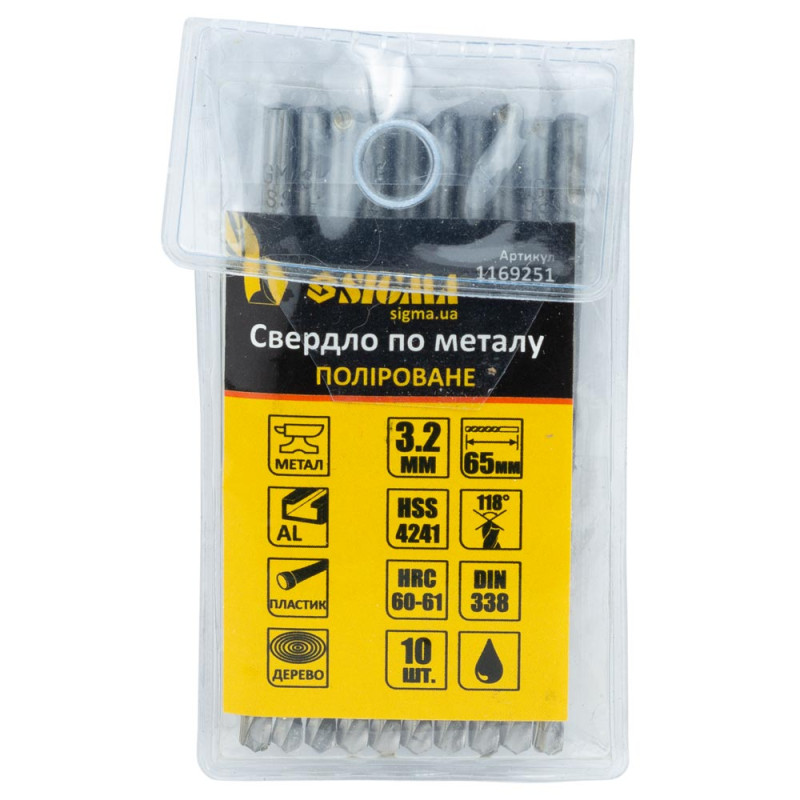 SIGMA Сверло по металлу HSS полированное Ø3.2мм (pvc, КРАТНО 10шт) (1169251) (10 шт)