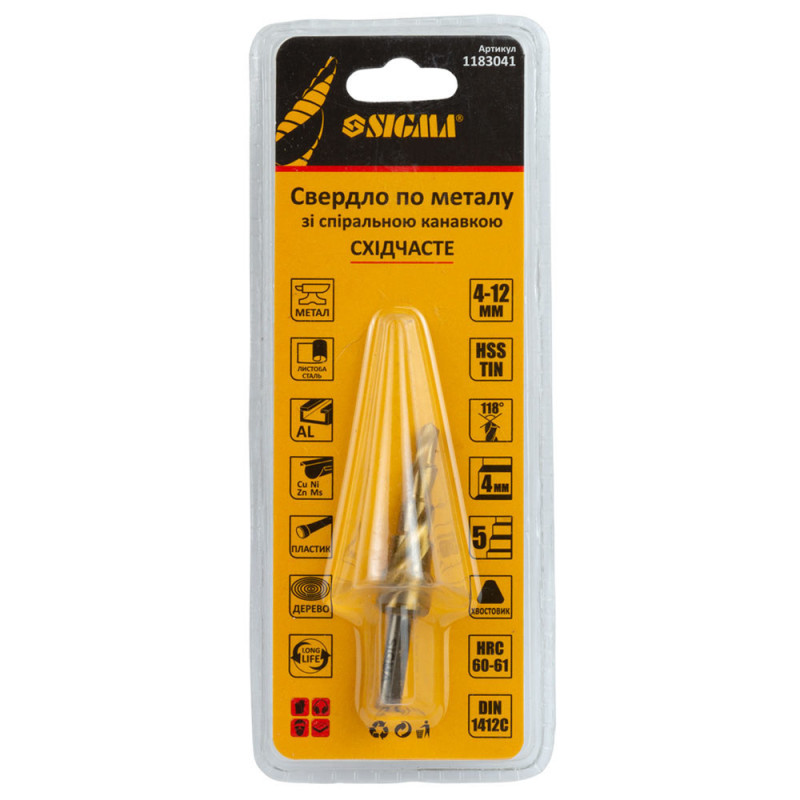 SIGMA Сверло по металлу ступенчатое HSS-TIN титановое со спиральной канавкой Ø4-12мм, шаг 2мм (блистер) (1183041)