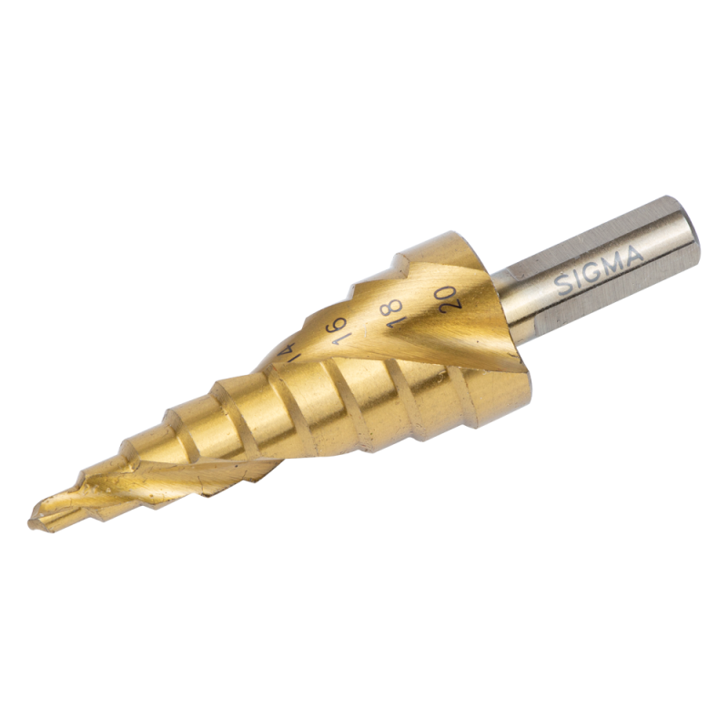 SIGMA Сверло по металлу ступенчатое HSS-TIN титановое со спиральной канавкой Ø4-20мм, шаг 2мм (блистер) (1183051)