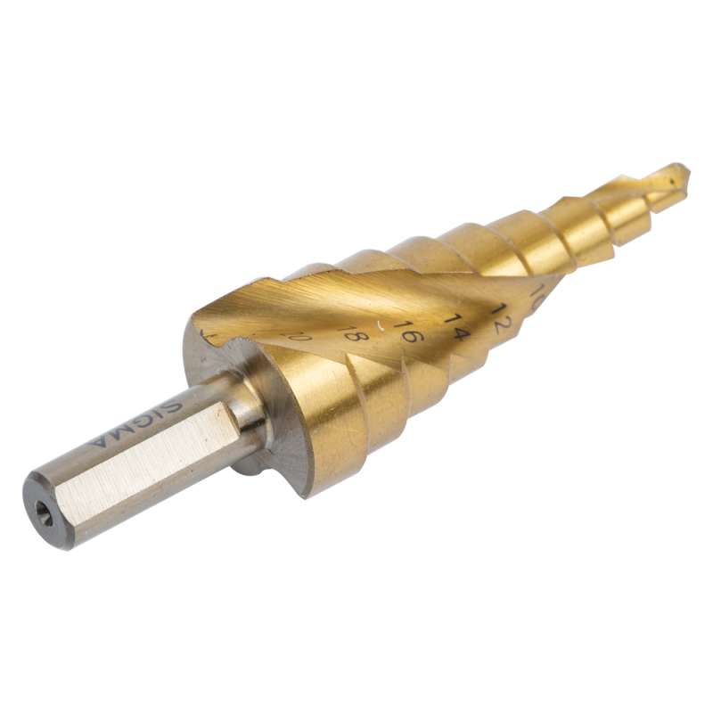 SIGMA Сверло по металлу ступенчатое HSS-TIN титановое со спиральной канавкой Ø4-20мм, шаг 2мм (блистер) (1183051)