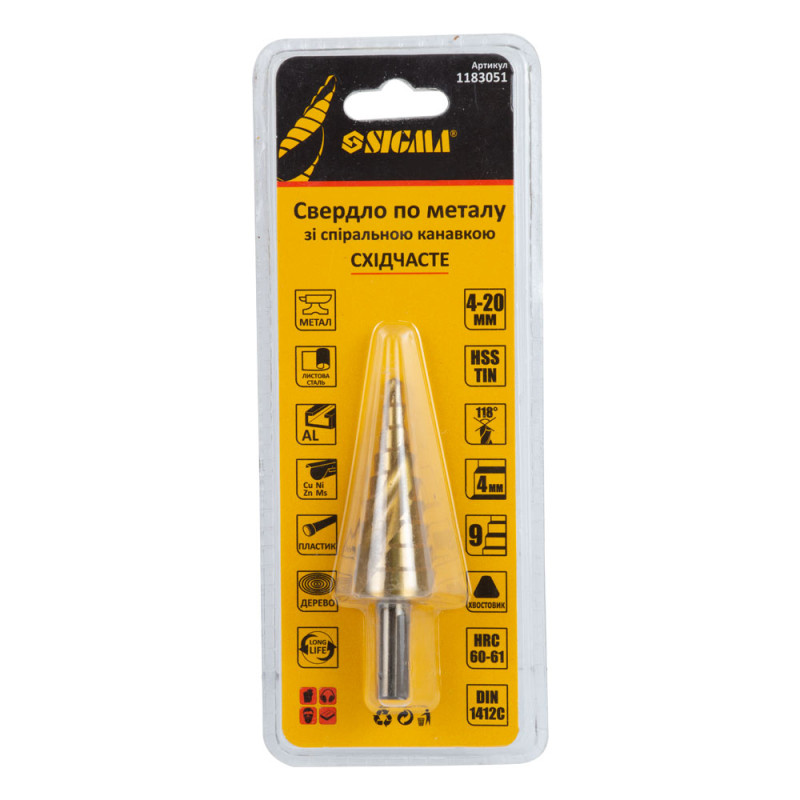 SIGMA Сверло по металлу ступенчатое HSS-TIN титановое со спиральной канавкой Ø4-20мм, шаг 2мм (блистер) (1183051)