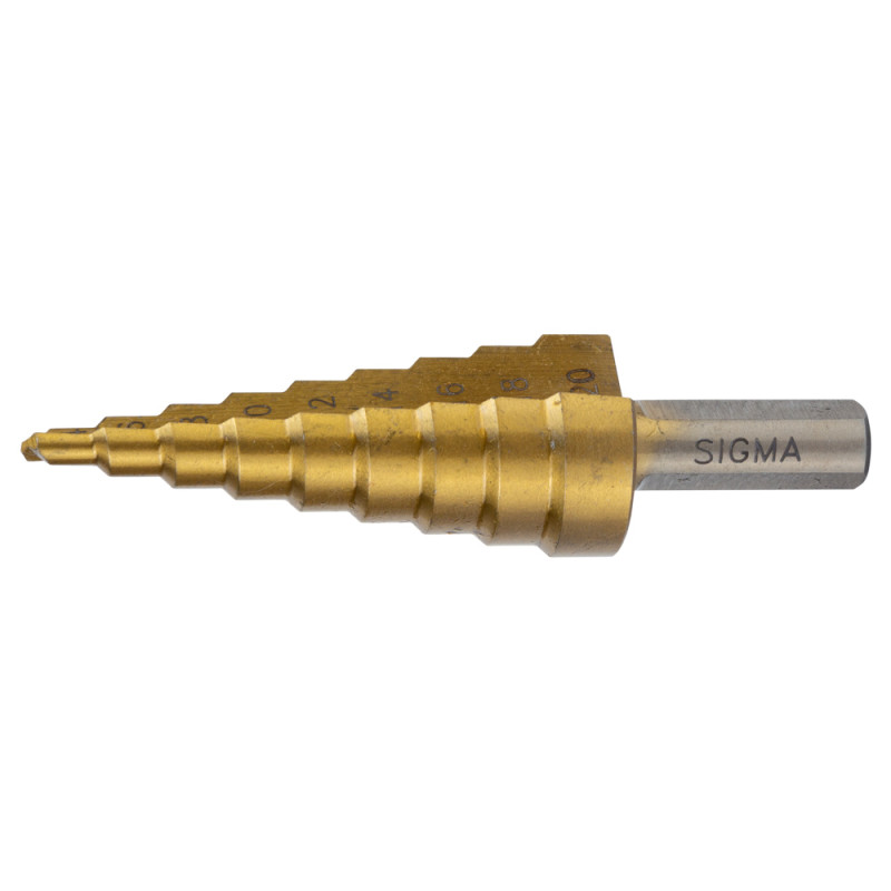 SIGMA Сверло по металлу ступенчатое HSS-TIN титановое с прямой канавкой Ø4-12мм, шаг 2мм (блистер) (1186041)