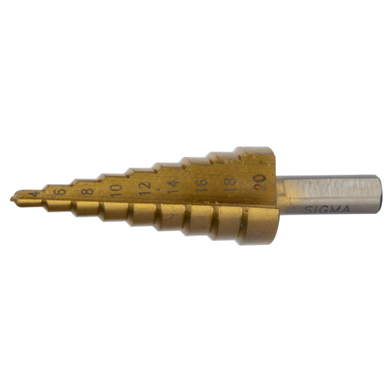 SIGMA Сверло по металлу ступенчатое HSS-TIN титановое с прямой канавкой Ø4-12мм, шаг 2мм (блистер) (1186041)