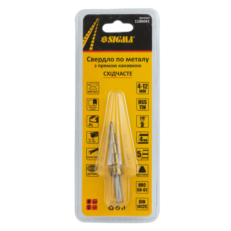 SIGMA Сверло по металлу ступенчатое HSS-TIN титановое с прямой канавкой Ø4-12мм, шаг 2мм (блистер) (1186041)