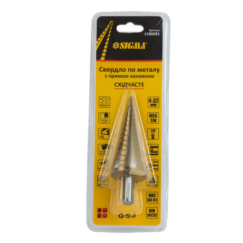 SIGMA Сверло по металлу ступенчатое HSS-TIN титановое с прямой канавкой Ø4-32мм, шаг 2мм (блистер) (1186081)