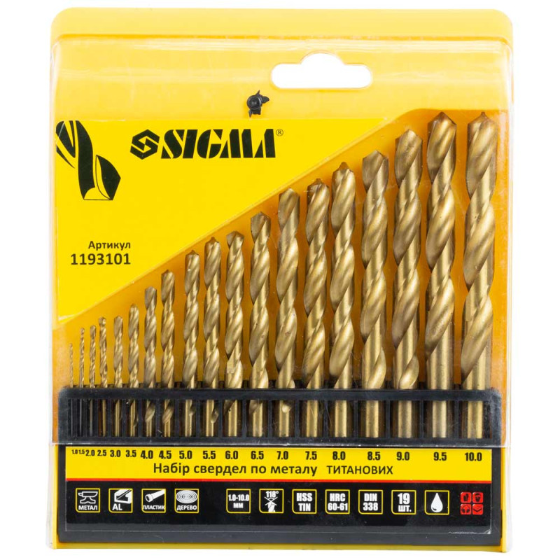 SIGMA Набор сверл по металлу HSS-TiN титановых 19 шт 1.0-10.0мм (пласт кейс) (1193101)