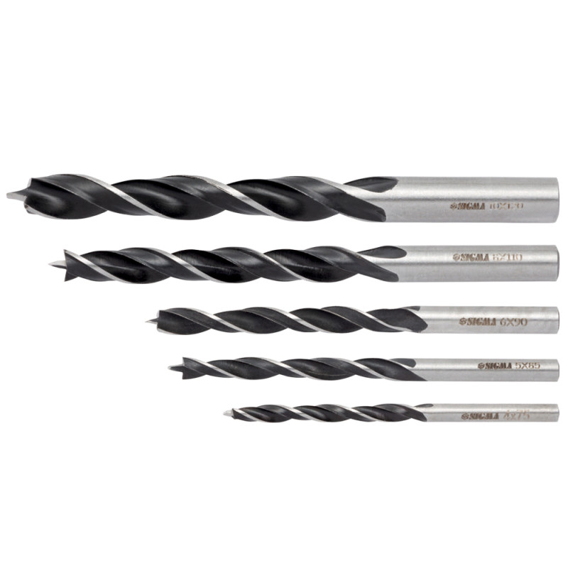 SIGMA Набор сверл по дереву спиральных трехточечных 5шт (4×75, 5×85, 6×90, 8×110, 10×120 мм)