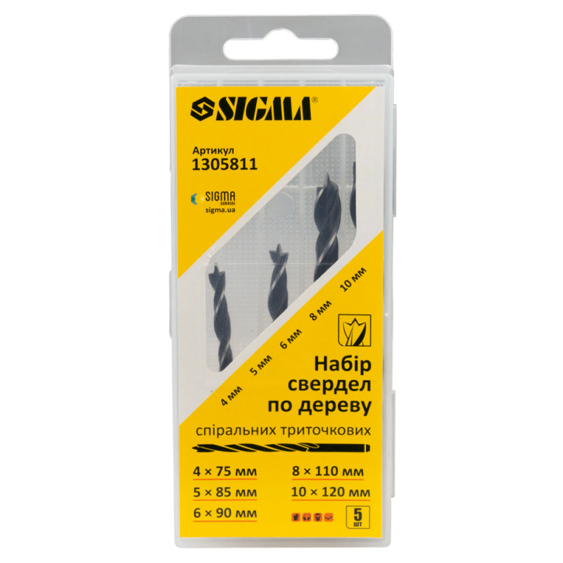 SIGMA Набор сверл по дереву спиральных трехточечных 5шт (4×75, 5×85, 6×90, 8×110, 10×120 мм)
