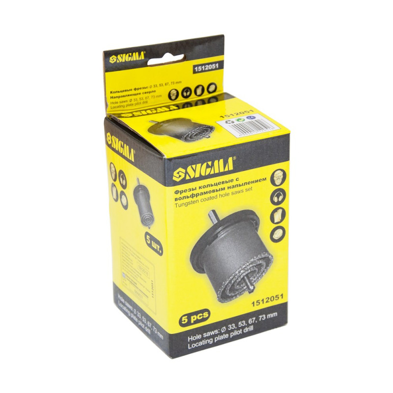 SIGMA Коронки кольцевые с вольфрамовым напылением Ø33, 53, 67, 73 мм + основание со сверлом (1512051)