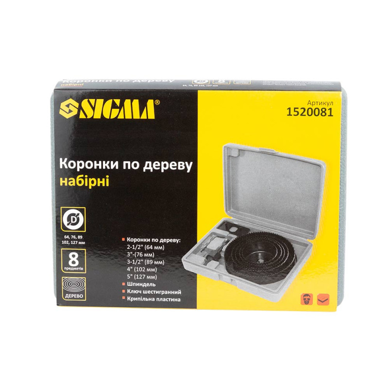 SIGMA Коронки по дереву наборные Ø64, 76, 89, 102, 127 мм (кейс) (1520081)