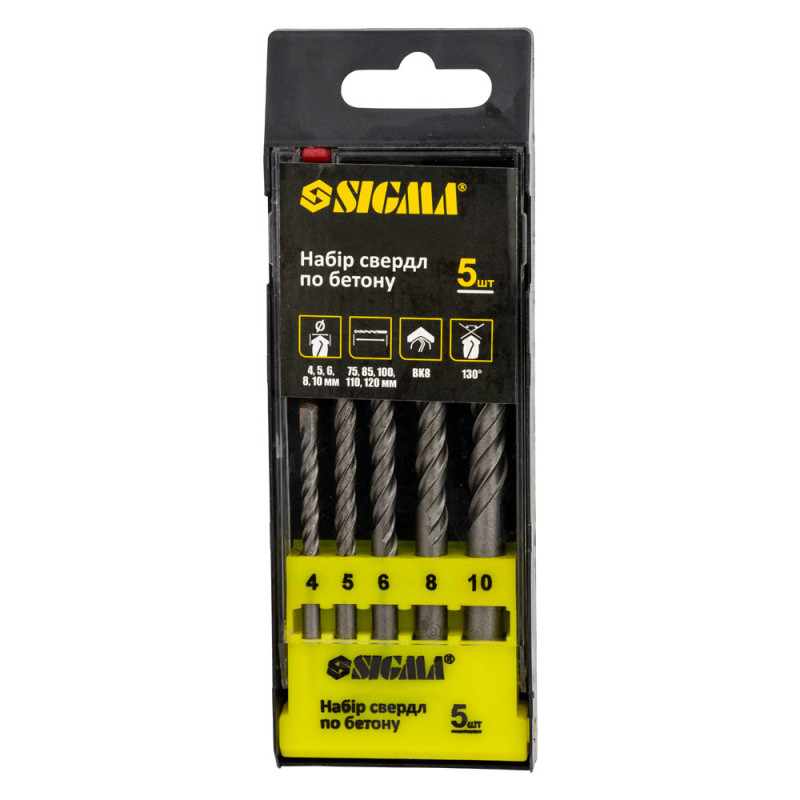 SIGMA Набор сверл по бетону цилиндрический хвостовик 5шт (4, 5, 6, 8, 10мм) пластиковый кейс (1719691)