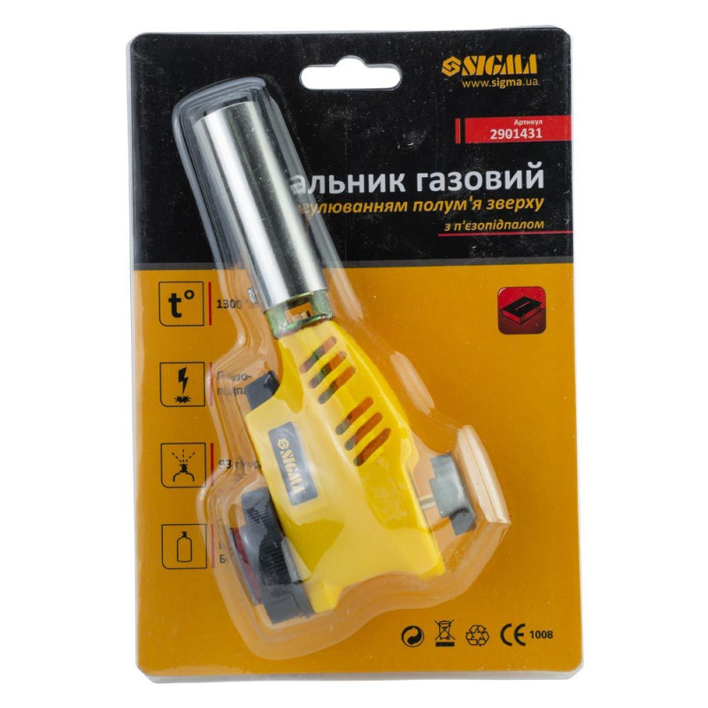 SIGMA Горелка газовая с регулировкой пламени сверху и пьезоподжигом Ø20мм 153мм (2901431)