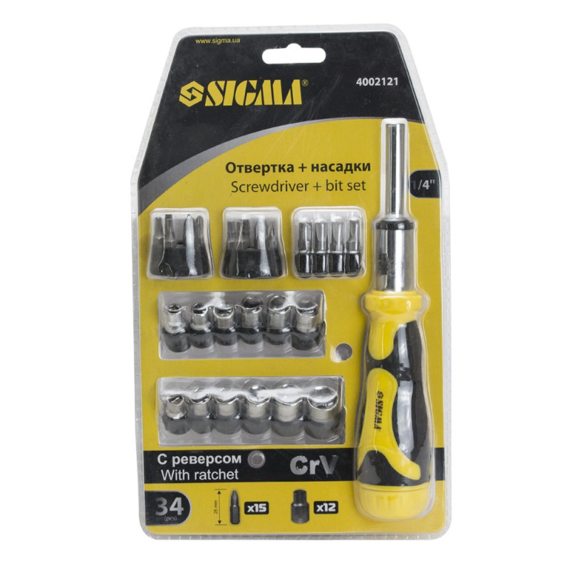 SIGMA Викрутка з реверсом + насадки торцеві 1/4" 27шт CrV (4002121)