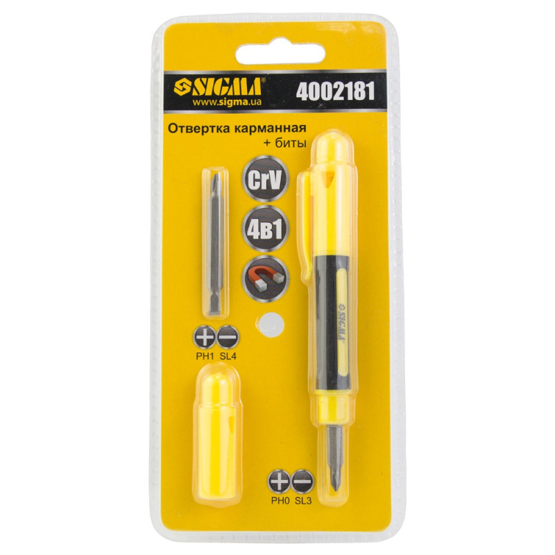 SIGMA Викрутка кишенькова з двосторонніми битами 4в1 CrV (4002181)