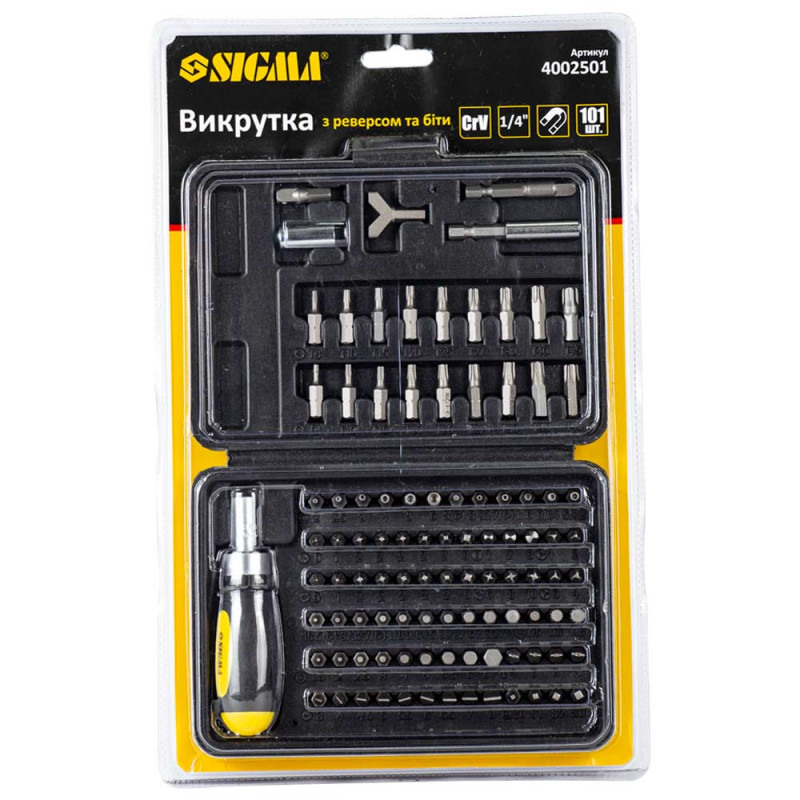 SIGMA Викрутка з реверсом + біти 101шт CrV (кейс) (4002501)