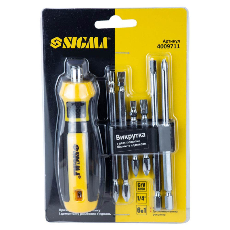 SIGMA Викрутка з двосторонніми битами 6в1 + адаптер CrV Mega (4009711)