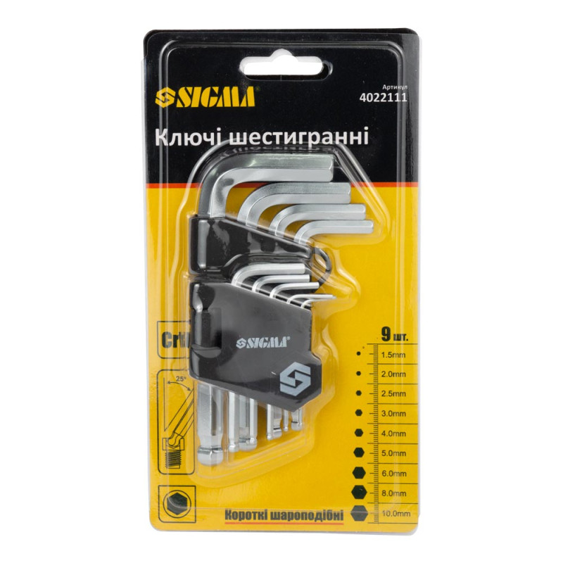 SIGMA Ключи шестигранные 9шт 1.5-10мм CrV (короткие шары) (4022111)