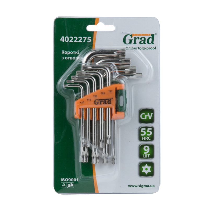 Grad Ключи TORX 9шт T10-T50мм CrV (короткие с отверстием) (4022275)