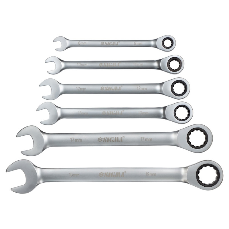 SIGMA Набор ключей рожково-накидных с трещоткой 6шт (8, 10, 12, 13, 17, 19мм) CrV satine (6010511)