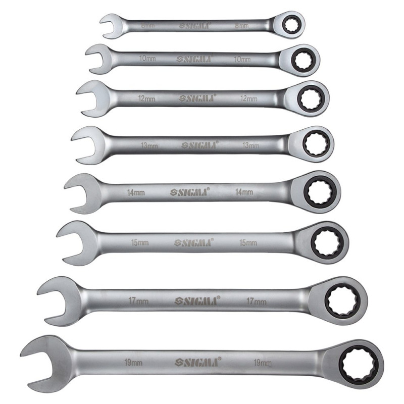 SIGMA Набор ключей рожково-накидных с трещоткой 8шт (8, 10, 12, 13, 14, 15, 17, 19мм) CrV satine