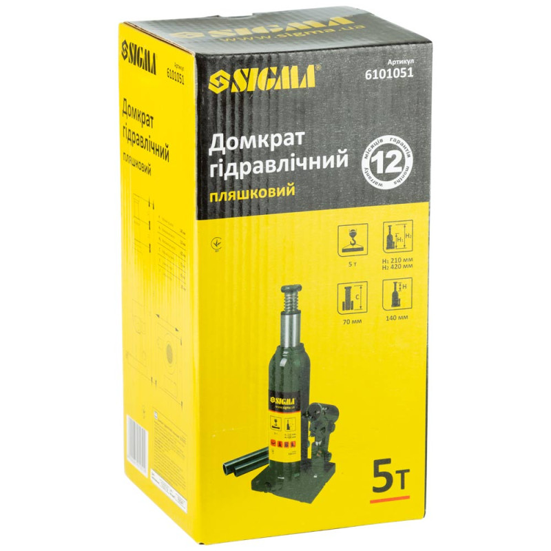 SIGMA Домкрат гидравлический бутылочный 5т H 210-420мм (6101051)