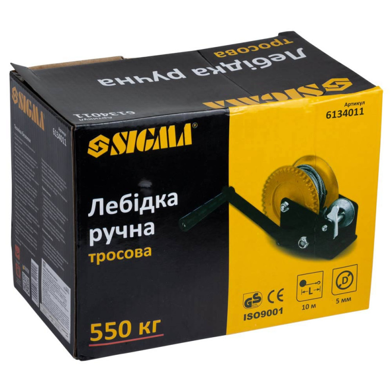 SIGMA Лебедка ручная барабанная стальной трос 10м×5мм, 550кг (6134011)