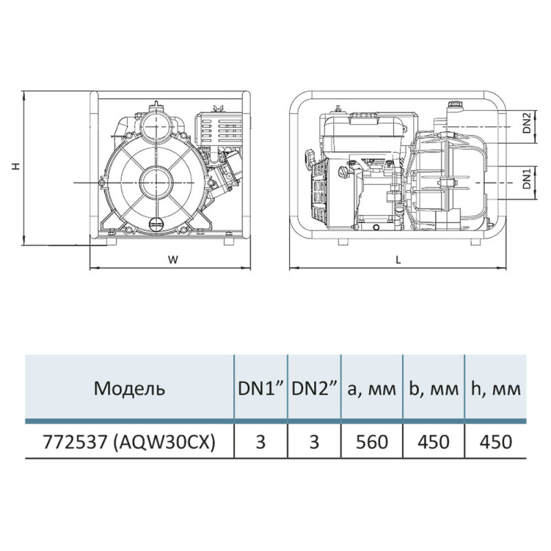 Aquatica Мотопомпа 7.5 к.с. Hmax 28м Qmax 70м³/год (4-х тактний) для брудної води (772537)