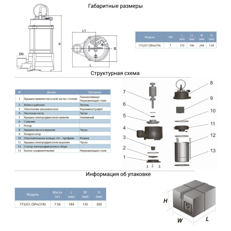 Leo Насос дренажный садовый 0.37кВт Hmax 42м Qmax 35л/мин SPm37A (773251)