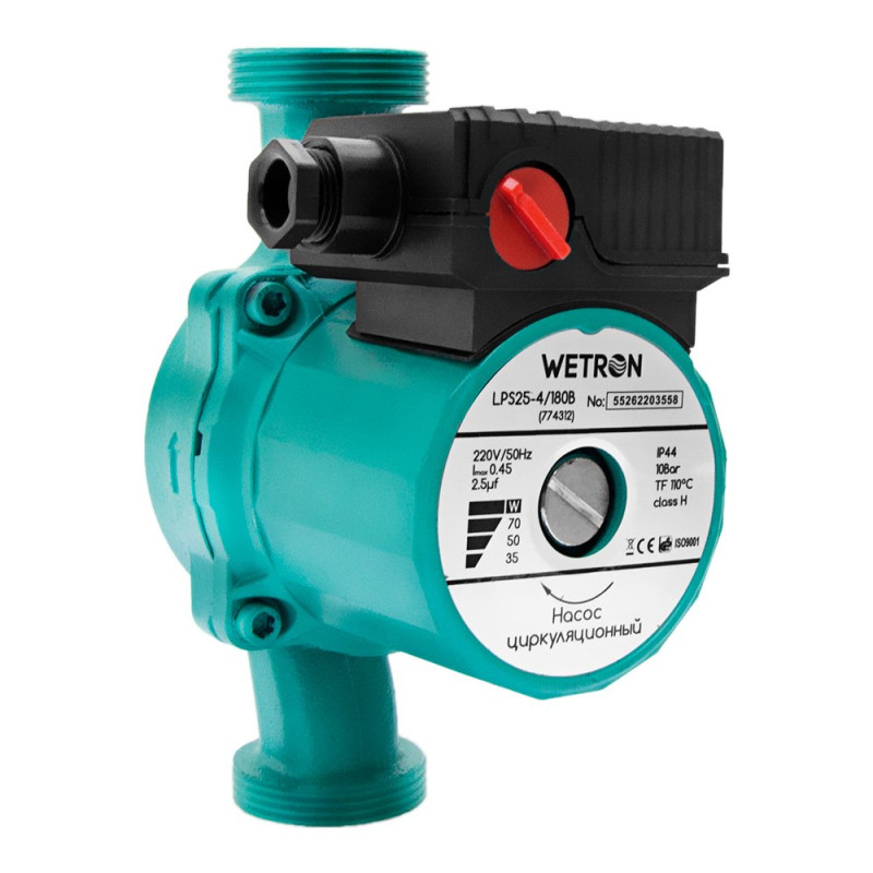 WETRON Насос циркуляционный 75Вт Hmax 4м Qmax 40л/мин Ø1 1/2" 180мм зел+гайки Ø1 LР525-4/180С (774312)