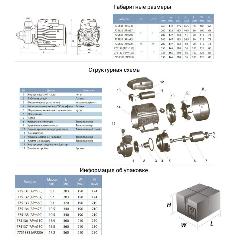 Leo Насос вихревой 0.6кВт Hmax 60м Qmax 50л/мин 3.0 APm60 (775133)