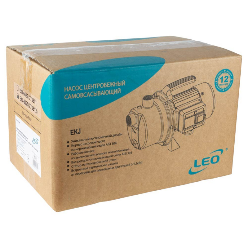 Leo Насос центробежный самовсасывающий 0.8кВт Hmax 40м Qmax 60л/мин нерж EKJ-802S (775312)