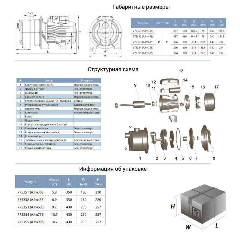 Leo Насос центробежный самовсасывающий 0.6кВт Hmax 43м Qmax 47л/мин (нерж) 3.0 AJm60S (775353)