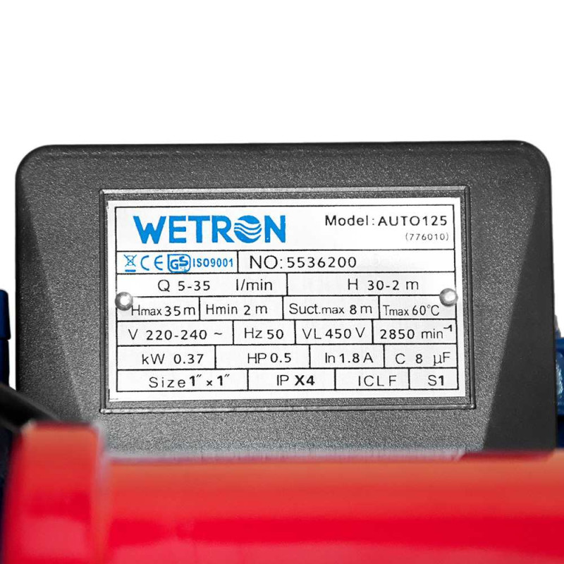 WETRON Станция 0.37 кВт Hmax 32 м Qmax 35 л/мин (вихревой насос) 1л AUTOGP125Z (776010)