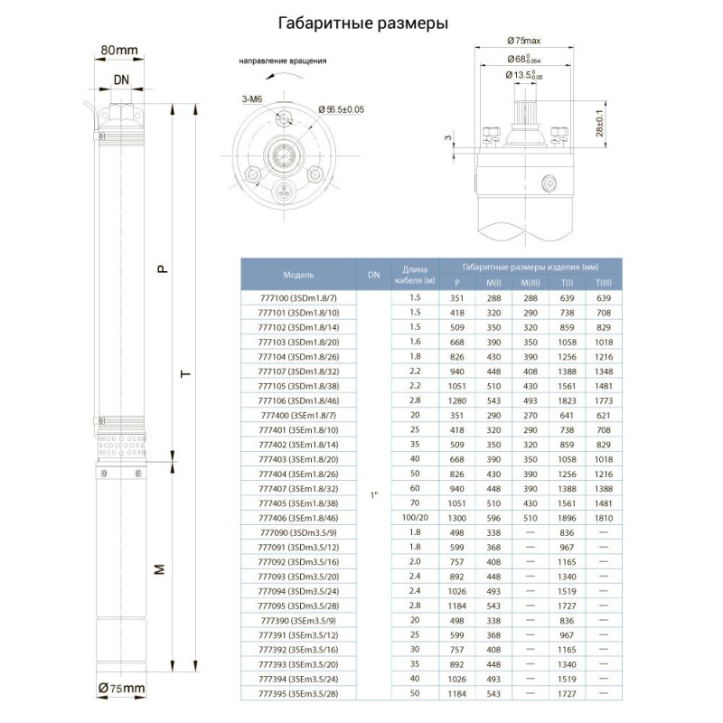 Dongyin Насос центробежный 1.5кВт H 108(80)м Q 90(60)л/мин Ø80мм (кабель 50м) (из 2х ЧАСТЬ) AQUATICA () 3SEm3.5/28 (777395)