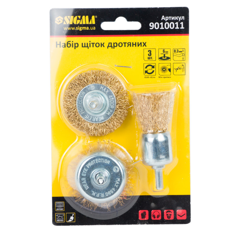 SIGMA Набор проволочных щеток 3шт Ø25; 50; 50мм хвостовик Ø6мм (латунированная) (9010011)