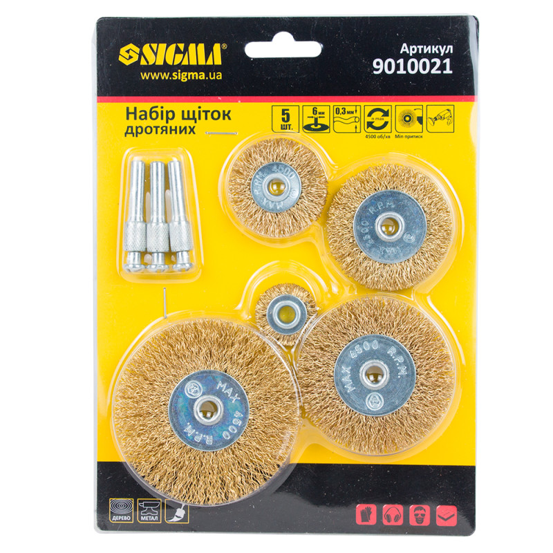 SIGMA Набор проволочных щеток 5шт Ø25; 38; 50; 65; 75мм хвостовик Ø6мм (латунированная) (9010021)
