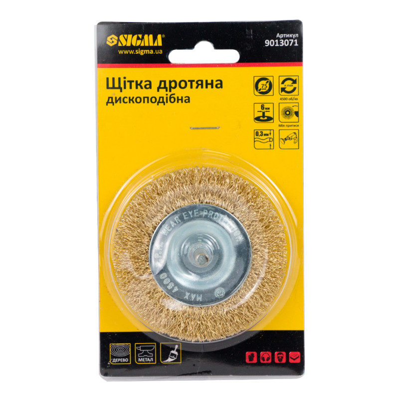 SIGMA Щетка проволочная дискообразная Ø75мм хвостовик Ø6мм (латунированная) (9013071)