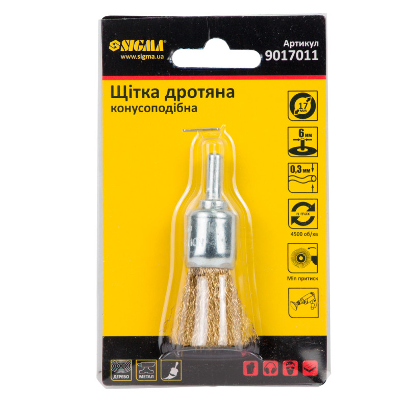 SIGMA Щетка проволочная конусообразная Ø17мм хвостовик Ø6мм (латунированная) (9017011)