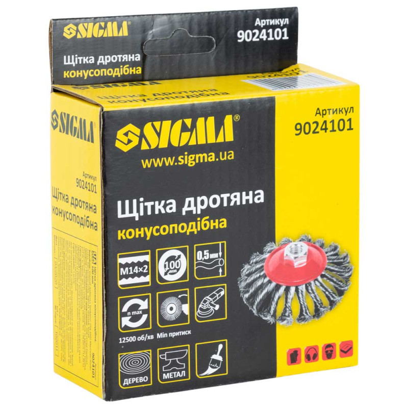 SIGMA Щетка проволочная конусообразная Ø100мм М14×2мм (стальная витая) (9024101)