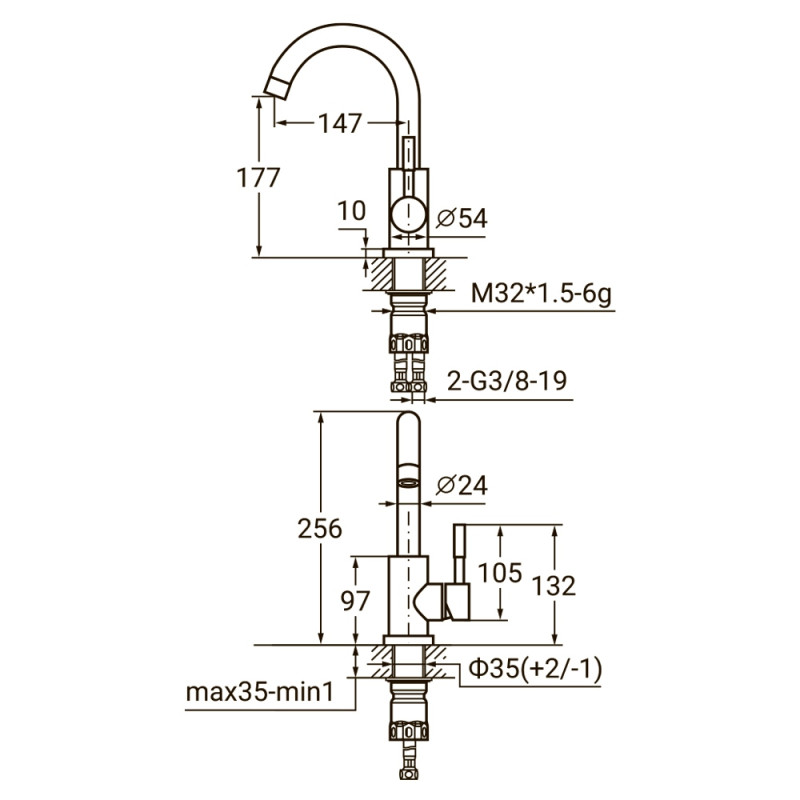 AQUATICA Змішувач KT Ø35 для раковини гусак вигнутий на гайці SS KT-1A270P (9722011)