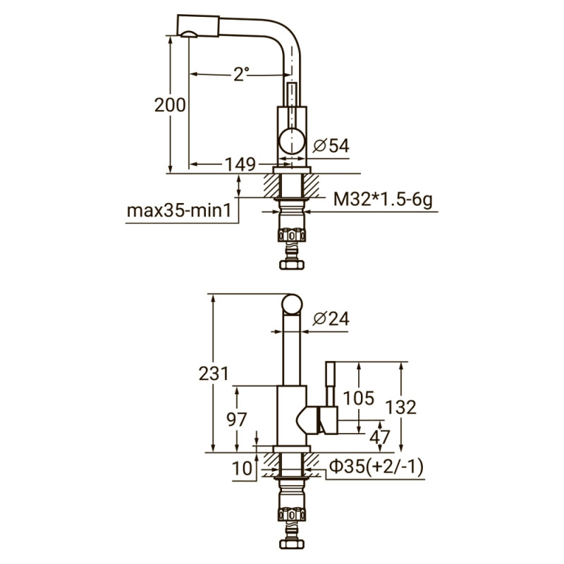 AQUATICA Змішувач KT Ø35 для раковини Г-гусак на гайці SS KT-1A370P (9722021)