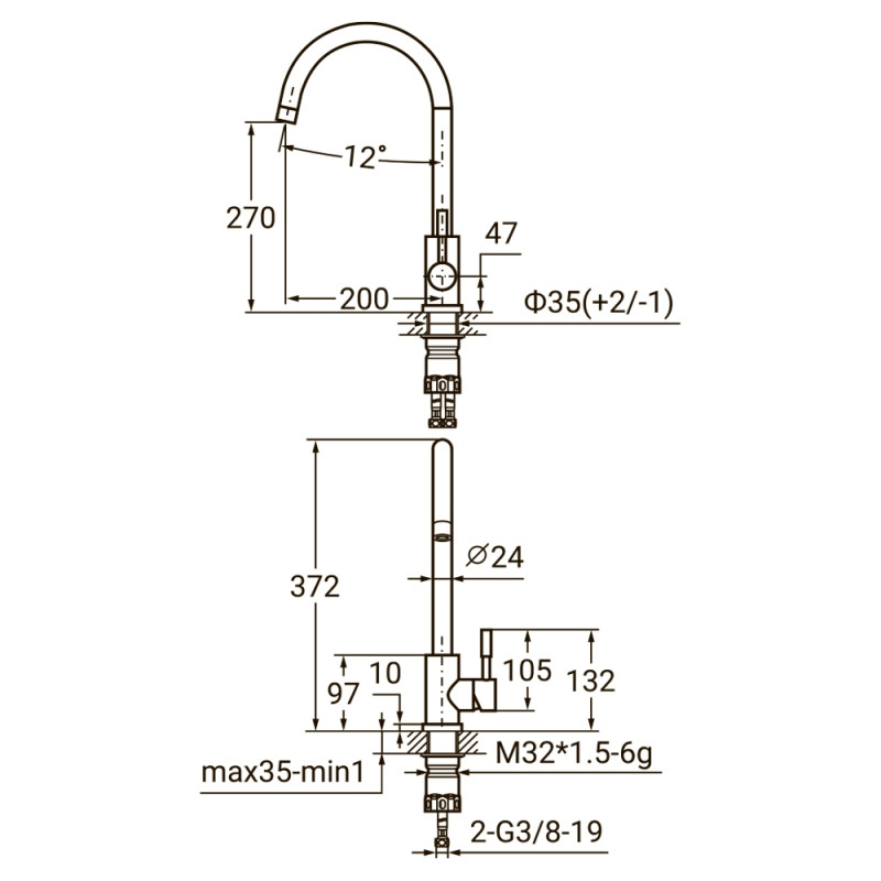 AQUATICA Змішувач KT Ø35 для кухні гусак вухо на гайці SS KT-4B170P (9722101)