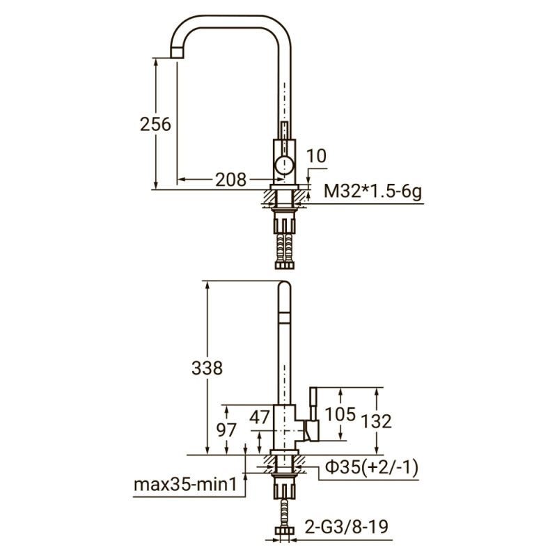 AQUATICA Змішувач KT Ø35 для кухні Г-гусак на гайці SS KT-4B270P (9722111)