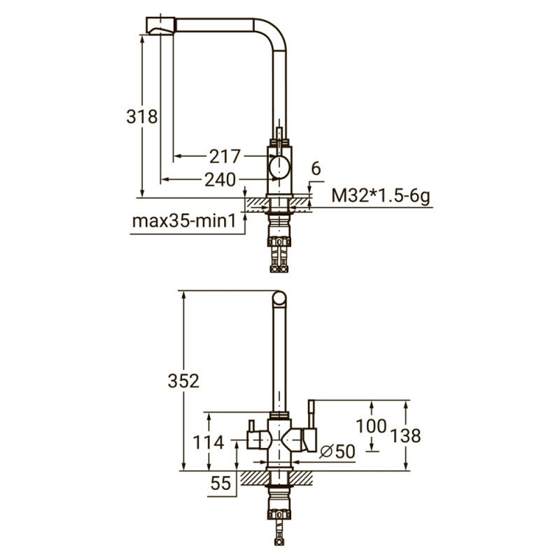 AQUATICA Змішувач KT Ø35 для кухні гусак з виходом для питної води на гайці SS KT-4B770P (9722121)