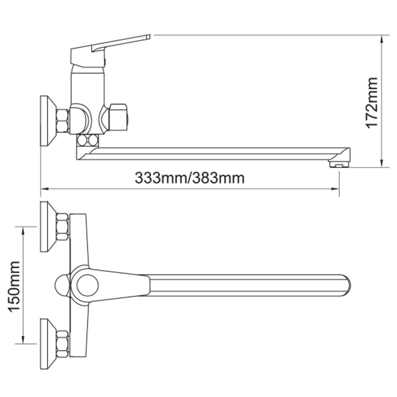 AQUATICA Змішувач s37 Ø35 для ванни излив прямий 350мм дивертор вбудований картриджний (W) (9737222)