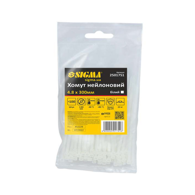 SIGMA Хомут нейлон 4.8×300мм 100шт (белый) (2501751)