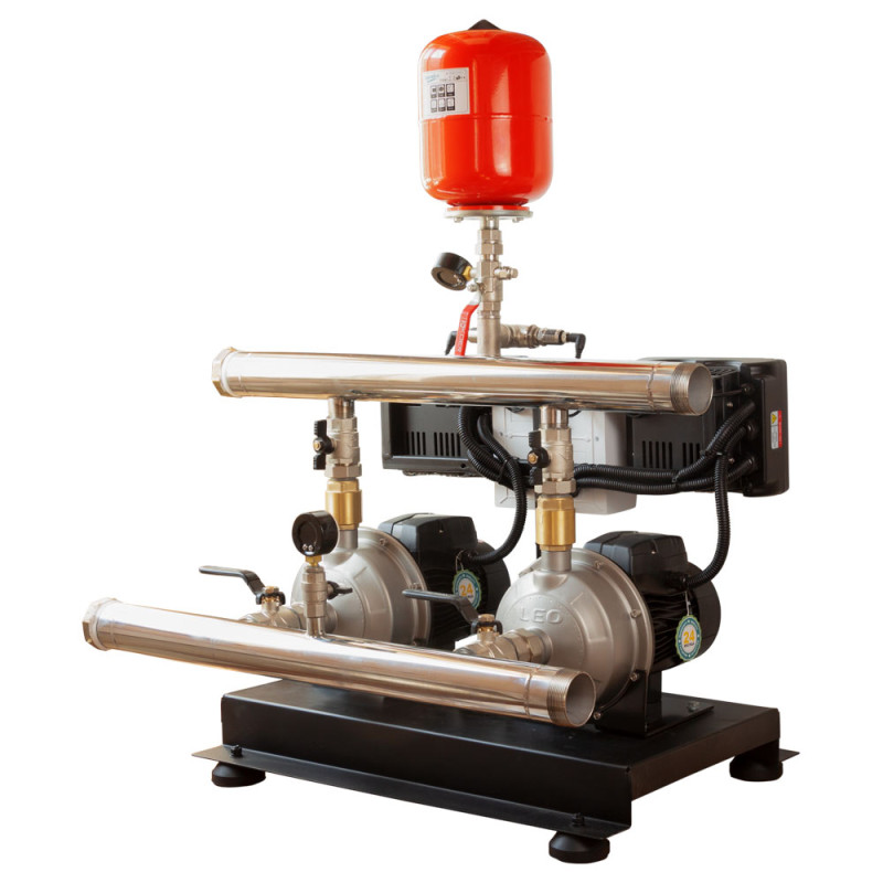 Leo Станция повышения давления 2×0.55кВт Hmax 29.5м Qmax 80л/мин нерж 5л + частотная регулировка 3.0 (2 AMSm70/0.55-2AVF-1.1M-5)