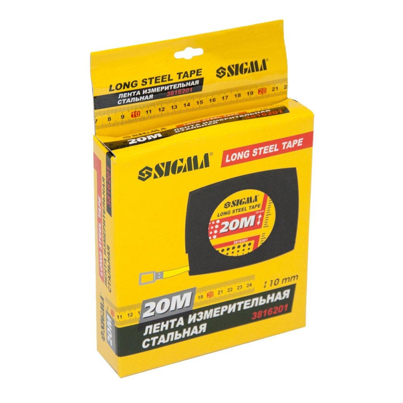 SIGMA Рулетка стальная лента 20м×10мм (черная) (3816201)