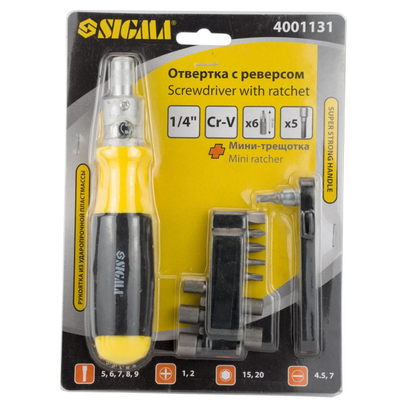 SIGMA Викрутка з реверсом + трещотка + біти 11шт CrV (4001131)
