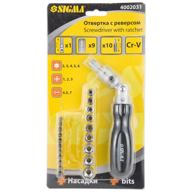 SIGMA Викрутка з реверсом + насадки і біти (4002031)